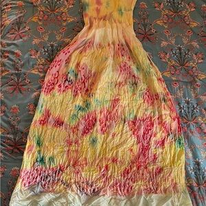 Lapis Yellow Tie-Dye Strapless Sundress with Pink & Teal Accents